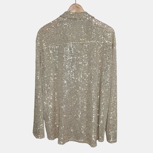 POL Sequin Button Up Blouse L Gold Semi-Sheer Metallic Boho Luxe Long Sleeve Top - Picture 2 of 6